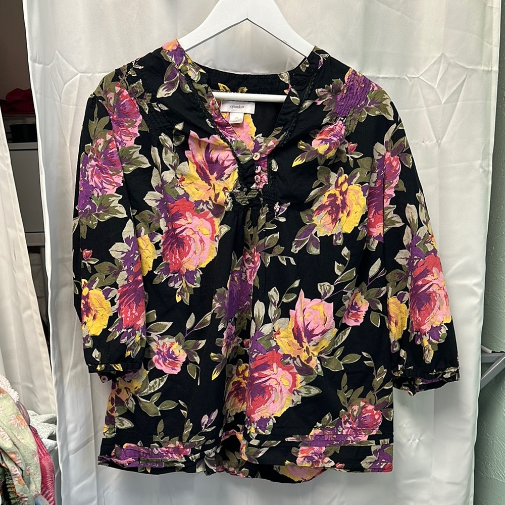 CJ Banks Black Floral Blouse with Pink and Yellow Accents